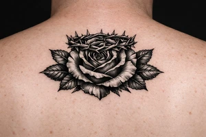 Red rose, no stem, leaves , American traditional style
Put something on top like a crown shaped thorns 
Old school style 
Add leaves tattoo idea
