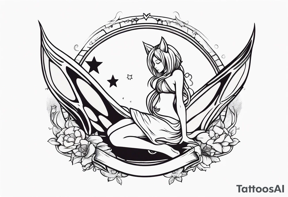 A fairy with a tail inspired by the logo of the show called Fairy Tail in a fetal position leaning in tattoo idea