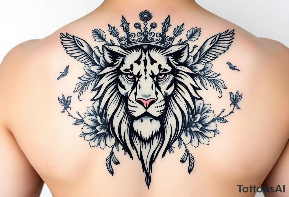 powerful majestic lion with a crown, surrounded by floral ornaments and birds tattoo idea