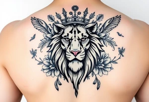 powerful majestic lion with a crown, surrounded by floral ornaments and birds tattoo idea