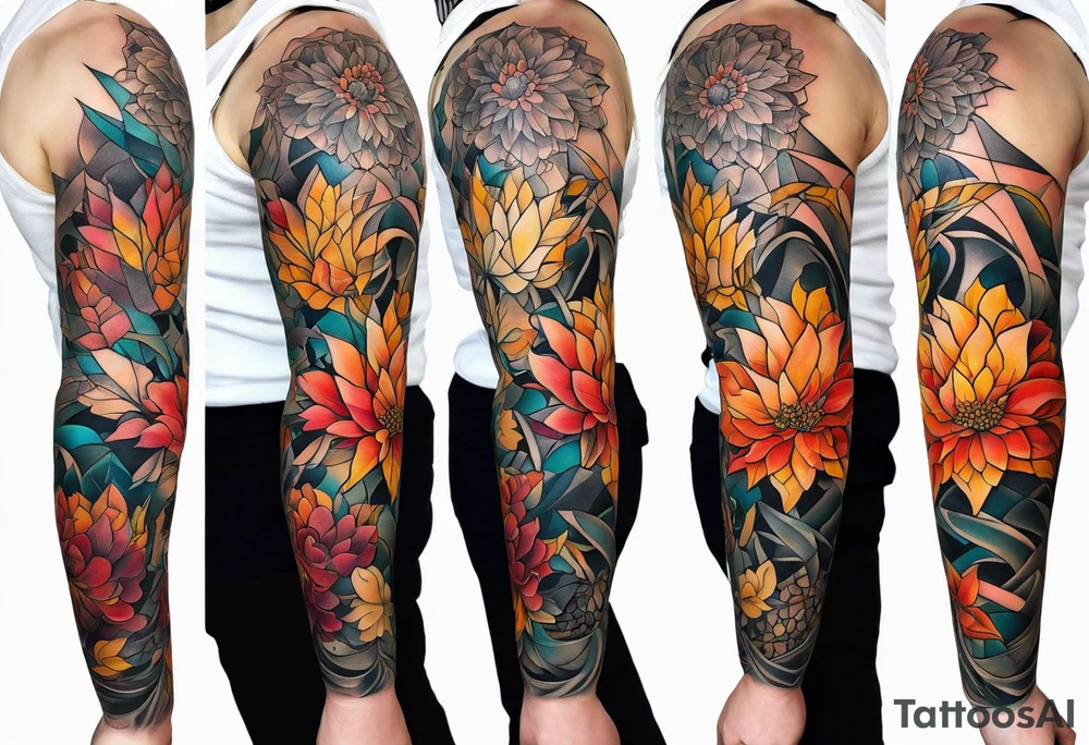 Arm Sleeve Tattoo with fall colors,  flattened tattoo idea