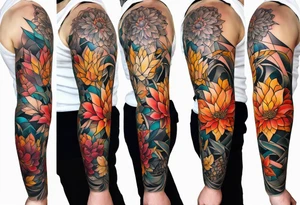 Arm Sleeve Tattoo with fall colors,  flattened tattoo idea