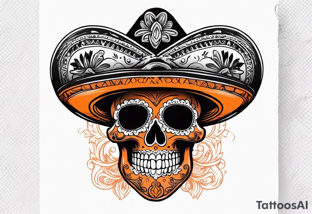 Mexican skull with sombrero with smoke coming out of the bottom orange and black tattoo idea