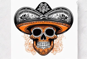 Mexican skull with sombrero with smoke coming out of the bottom orange and black tattoo idea