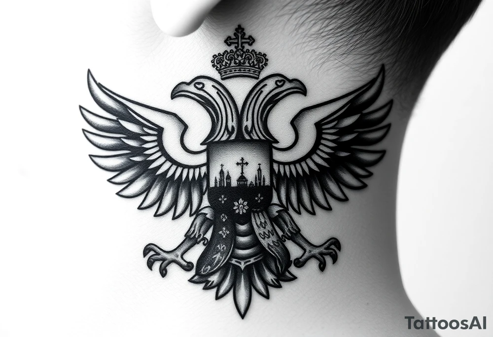 Traditional authentic Russian coat of arms with double headed eagle & a Christian orthodox virgin marry in the middle and silhouette in a Russian wilderness Christian orthodoxy dome church village setting on the side of my neck tattoo idea