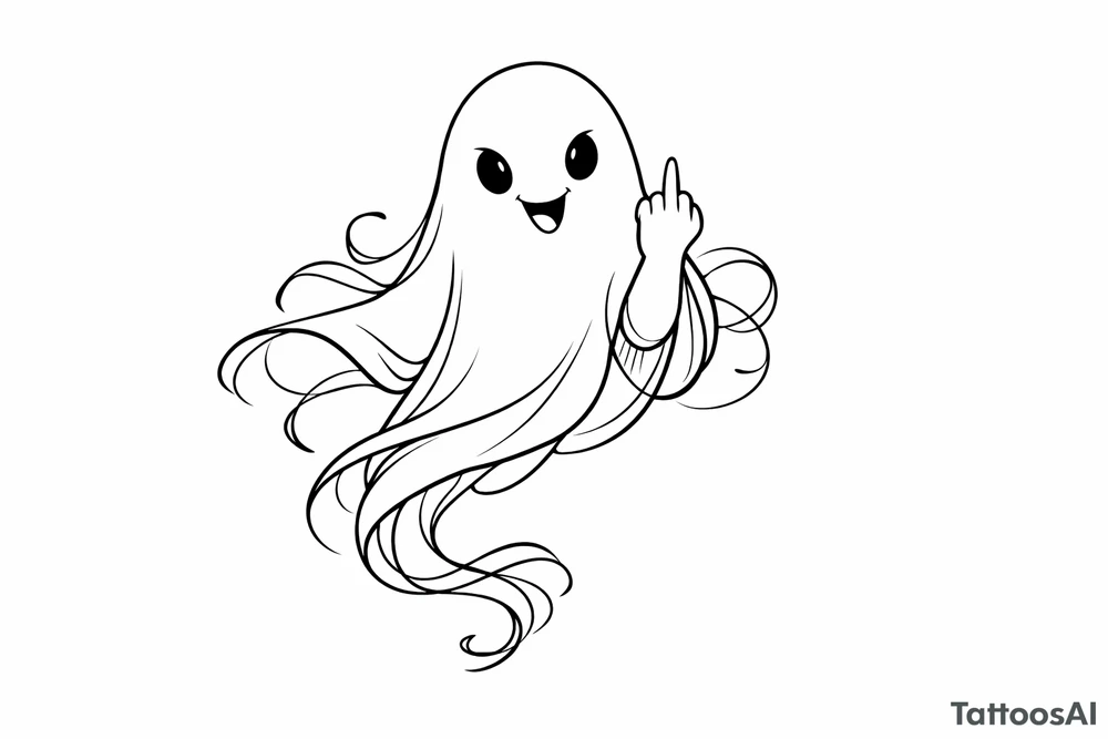 Playful ghost with middle finger, flowing ribbon, simple black ink outline. tattoo idea