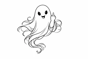 Playful ghost with middle finger, flowing ribbon, simple black ink outline. tattoo idea