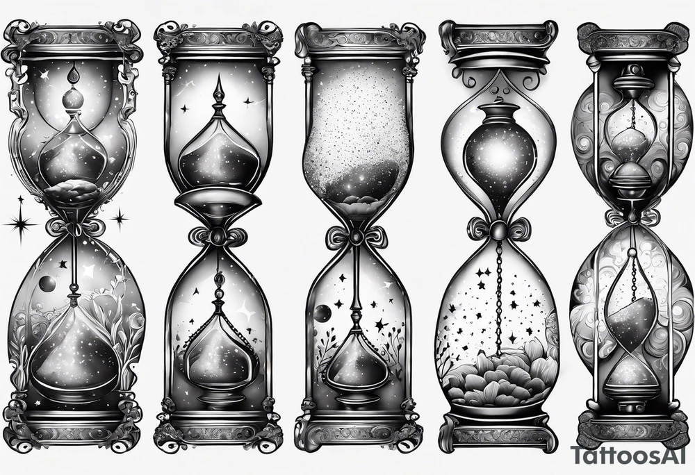 ornate hourglass, long, cosmic stardust, space, time, masculine, minimalist, tattoo idea