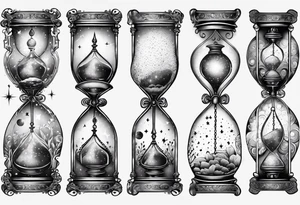 ornate hourglass, long, cosmic stardust, space, time, masculine, minimalist, tattoo idea