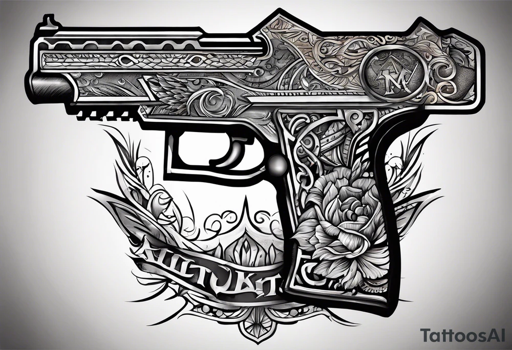 The letters AR with a pistol on each side and the word always on the top and ready on the bottom tattoo idea