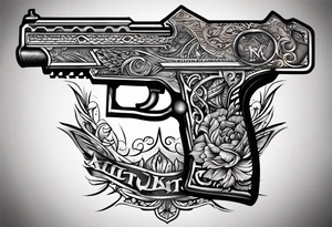 The letters AR with a pistol on each side and the word always on the top and ready on the bottom tattoo idea
