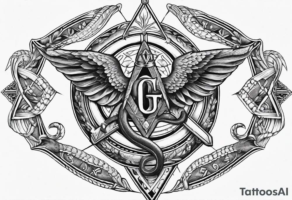 staff of caduceus square and compass freemason snakes tattoo idea