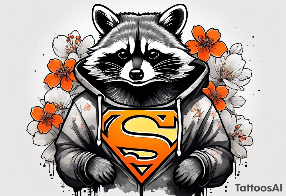 raccoon wearing a black and white Superman hoodie and orange Japanese cherry blossoms tattoo idea