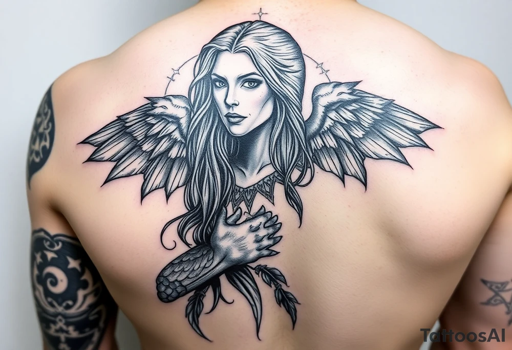 Left sleeve tattoo of the Morrigan Celtic  goddess of death. Powerful middle age woman of great wisdom and knowledge. Realistic and black and white imagery with potentially a splash of purple: images of crows can be built into it. tattoo idea