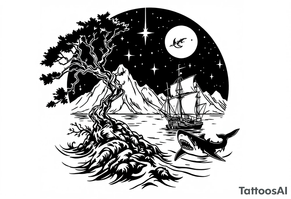tattoo that has an acacia tree with mountains, ocean with a ship wreck with sharks and the northern star tattoo idea