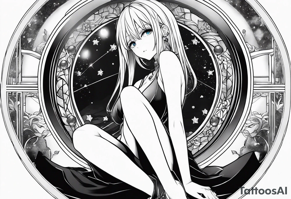 an anime girl sitting on a small sphere, staring front tattoo idea
