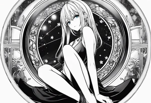 an anime girl sitting on a small sphere, staring front tattoo idea