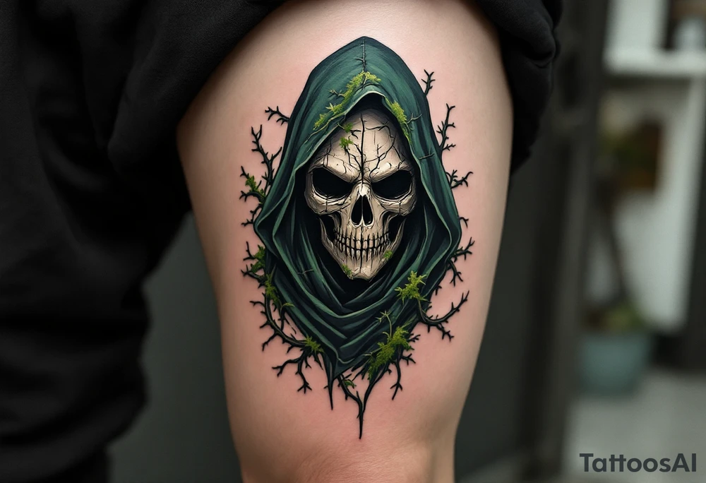 Plague Doctor with Thorned Vines – A mysterious figure cloaked in dark green and black, with thorny vines creeping over the robe and mask, symbolizing death and rebirth. The mask is cracked, with moss growing in its crevices. tattoo idea