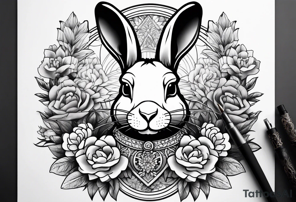 Rabbit head and flowers tattoo idea