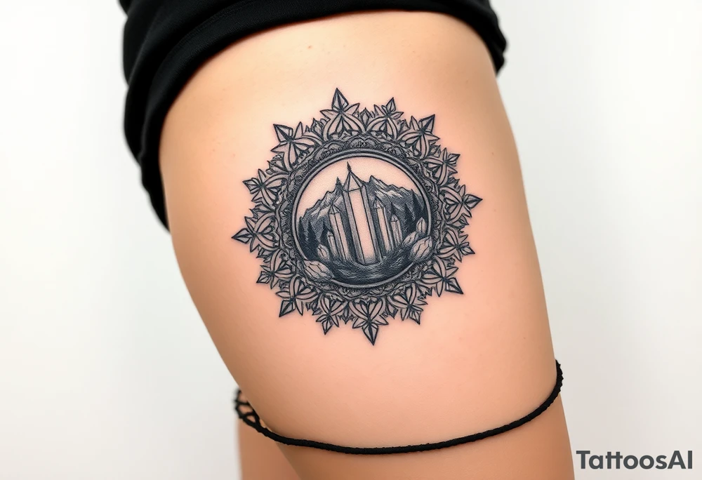 psychedelic mandala tattoo with crystals and nature scene tattoo idea