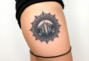 psychedelic mandala tattoo with crystals and nature scene tattoo idea