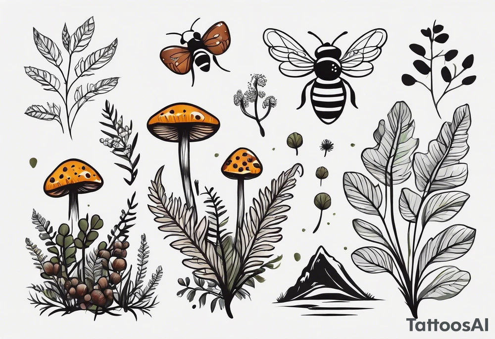 forest floor inspired minimalist tattoo, which includes grass, curly ferns, moss and dead leaves as the bulk of the tattoo. details to include: forest berries, a tiny bumblebee flying nearby, three small brown mushrooms
Generate a vertically long one tattoo idea