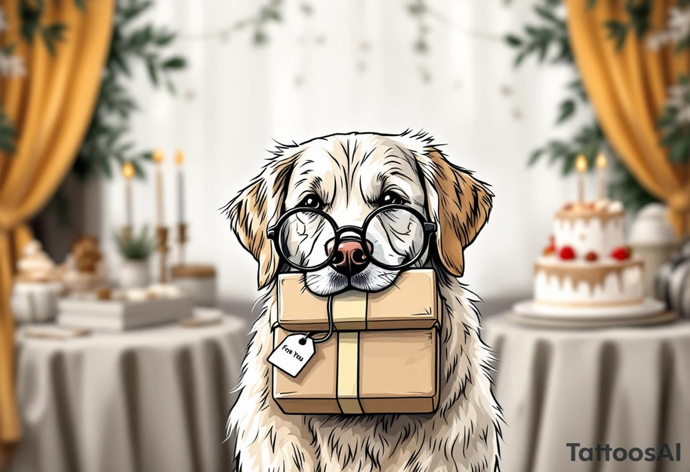 Picture a playful golden retriever wearing cute round reading glasses, holding a neatly wrapped gift box in its mouth. A small tag on the box says “For You.” Behind the dog is a festive table with a birthday cake, candles, and party decorations. The retriever looks clever and kind, like a well-mannered guest at a cozy celebration. A cheerful message floats above:
“Wishing you joy, health, and puppy kisses on your 80th birthday – from the whole Albi team!”
The illustration has a light-hearted, cartoon-like charm, making it perfect for bringing smiles and laughter. tattoo idea