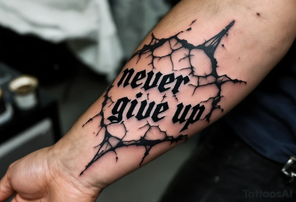 A bold gothic-style "never give up" in deep charcoal gray, framed by cracked stone textures. tattoo idea