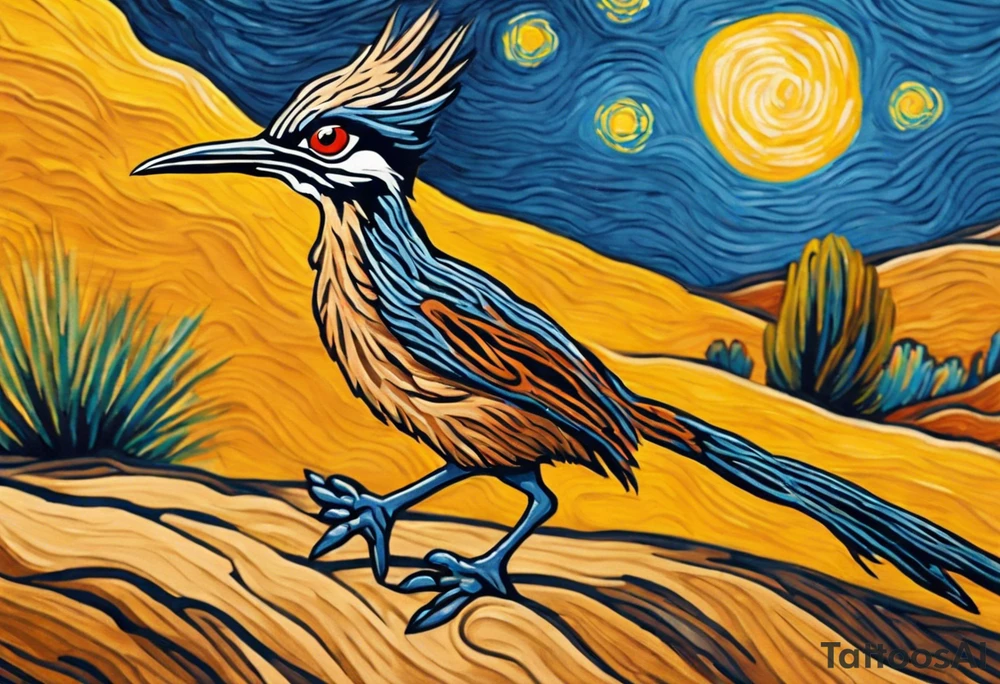 Design a captivating small tattoo featuring a roadrunner, inspired by Vincent van Gogh's artistic style. Infuse the essence of Van Gogh's bold brushstrokes, dynamic color palette, and swirling motion into the depiction of the roadrunner. Consider placing the roadrunner in a scenic setting reminiscent of Van Gogh's landscapes, perhaps with a stylized desert background or under a starry night sky. Ensure that the tattoo is tailored to the curvature of the leg, allowing for an artful and seamless integration. Emphasize the fluidity of Van Gogh's style to create a visually striking and timeless tattoo that captures the spirit of both the iconic artist and the charismatic roadrunner. tattoo idea