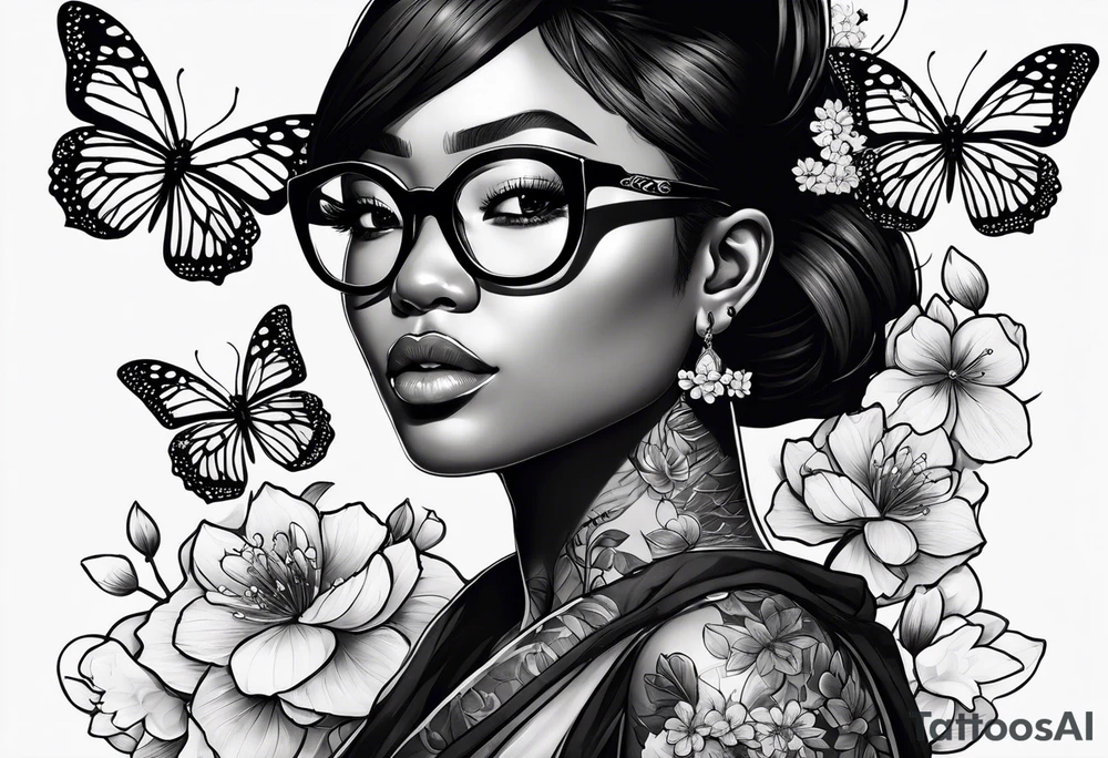 Black dark-skinned Female with glasses with butterflies and sakura blossoms around her with the lettering " Nisha " Underneath. tattoo idea