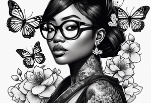 Black dark-skinned Female with glasses with butterflies and sakura blossoms around her with the lettering " Nisha " Underneath. tattoo idea
