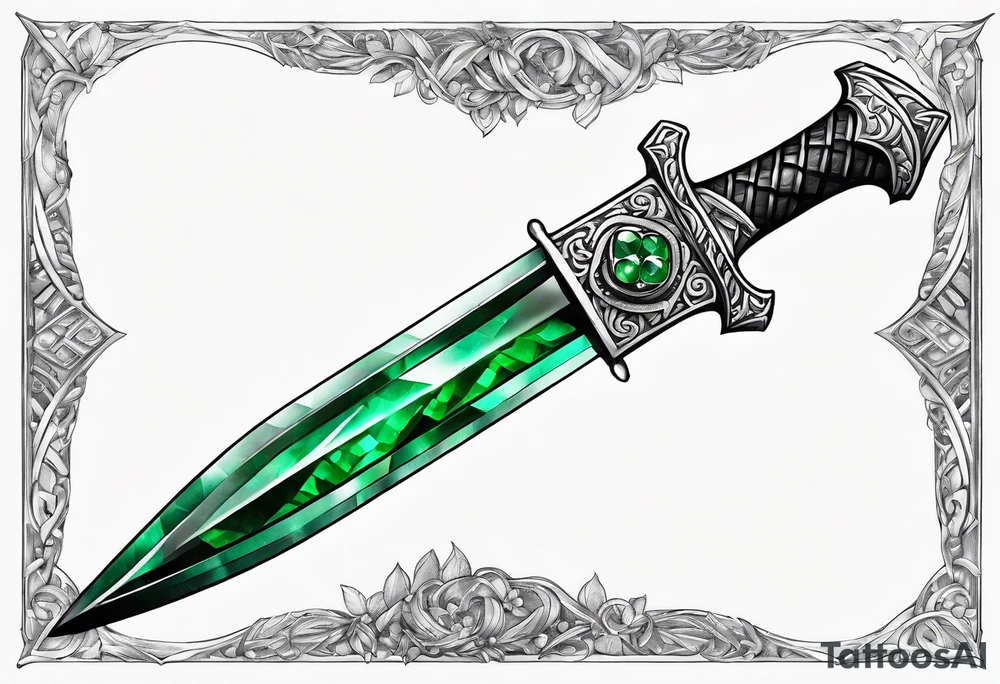 An athame dagger with the hilt turned upward and emerald gemstones on the hilt tattoo idea