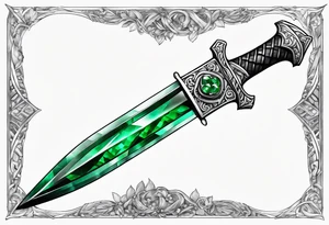 An athame dagger with the hilt turned upward and emerald gemstones on the hilt tattoo idea