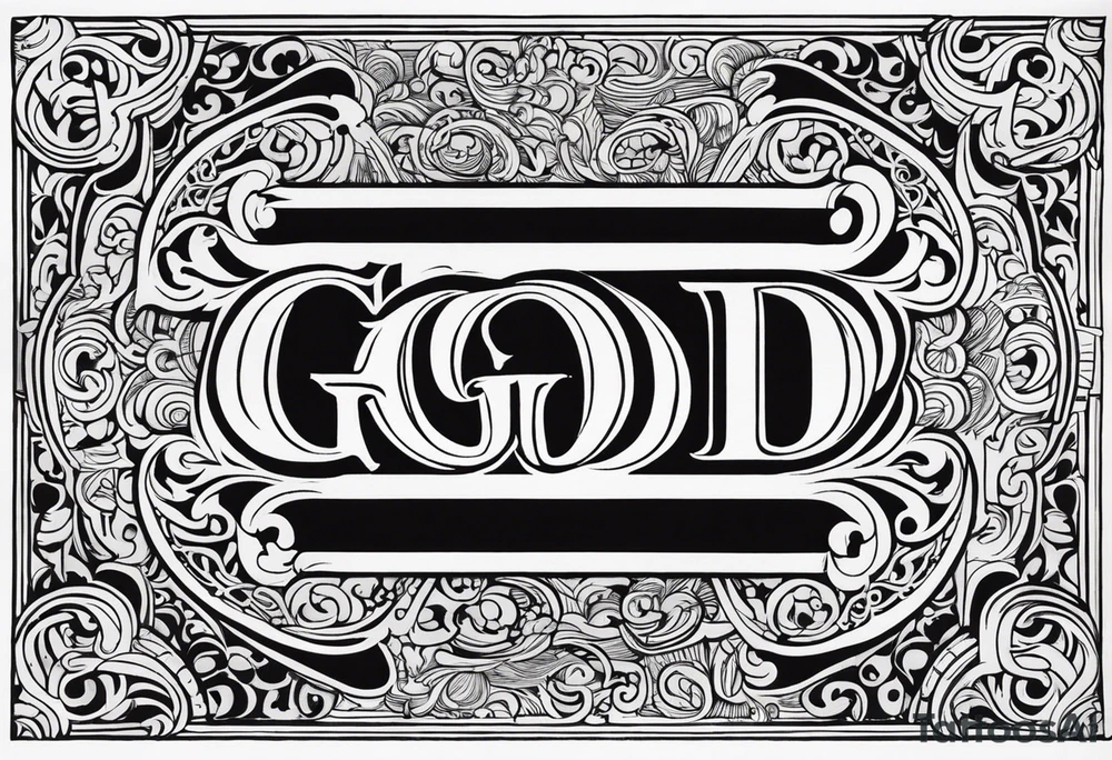 "God," utliizing Old English text. Clouds shaded in behind the text tattoo idea