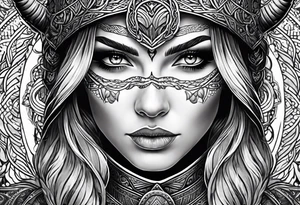 Viking, feminine warrior, mandala, bedroom eyes, headshot, closeup, full design tattoo idea