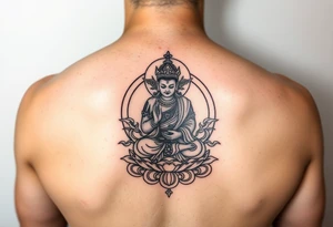 "Tibetan thangka tattoo but deity is a crypto. Geometric patterns, black/red ink." tattoo idea