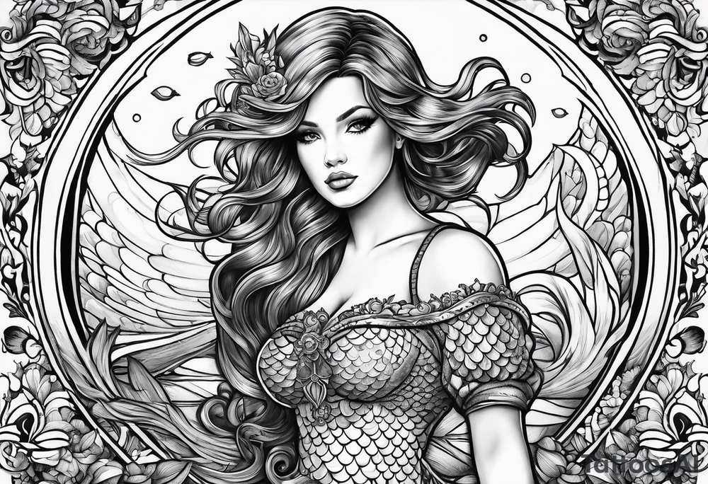 mermaid in line art american tattoo vintage style tattoo idea