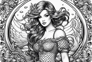 mermaid in line art american tattoo vintage style tattoo idea