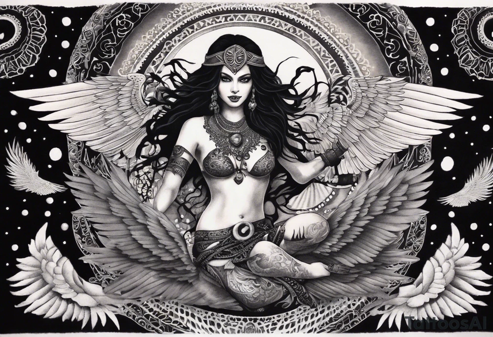 black kali, goddess pirate, alien, angel, pachamama, valkrye, warrior, flying, skull, lotus azul, wing, eagle, zenza resonance, stars, 5D, anahata chakra, death, durga, riding on a tiger, flying lady, chest tatoo tattoo idea