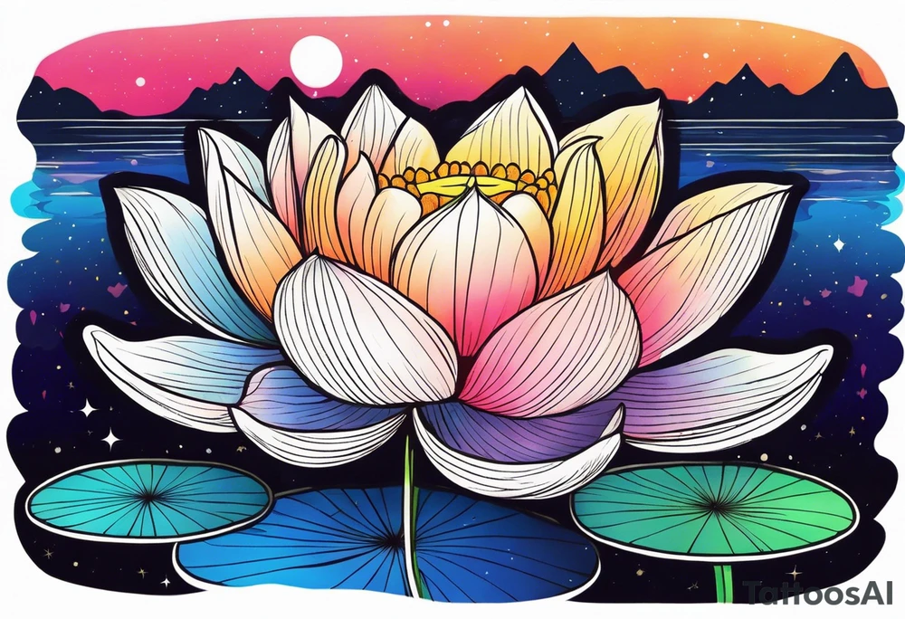 Single Vibrant colorful lotus flower on the pond with the night sky in the background tattoo idea
