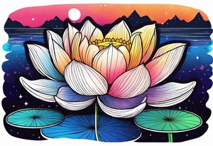 Single Vibrant colorful lotus flower on the pond with the night sky in the background tattoo idea