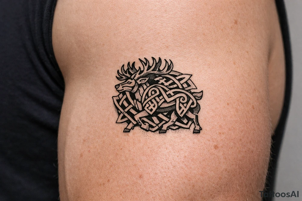 Caribou in Norse knot work open line concept mammen style stipple shading tattoo idea