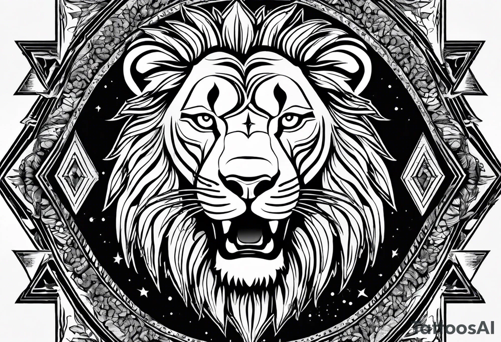 One roaring lion, next to it a roaring lioness, below them 3 roaring lion cubs and around a Star of David tattoo idea