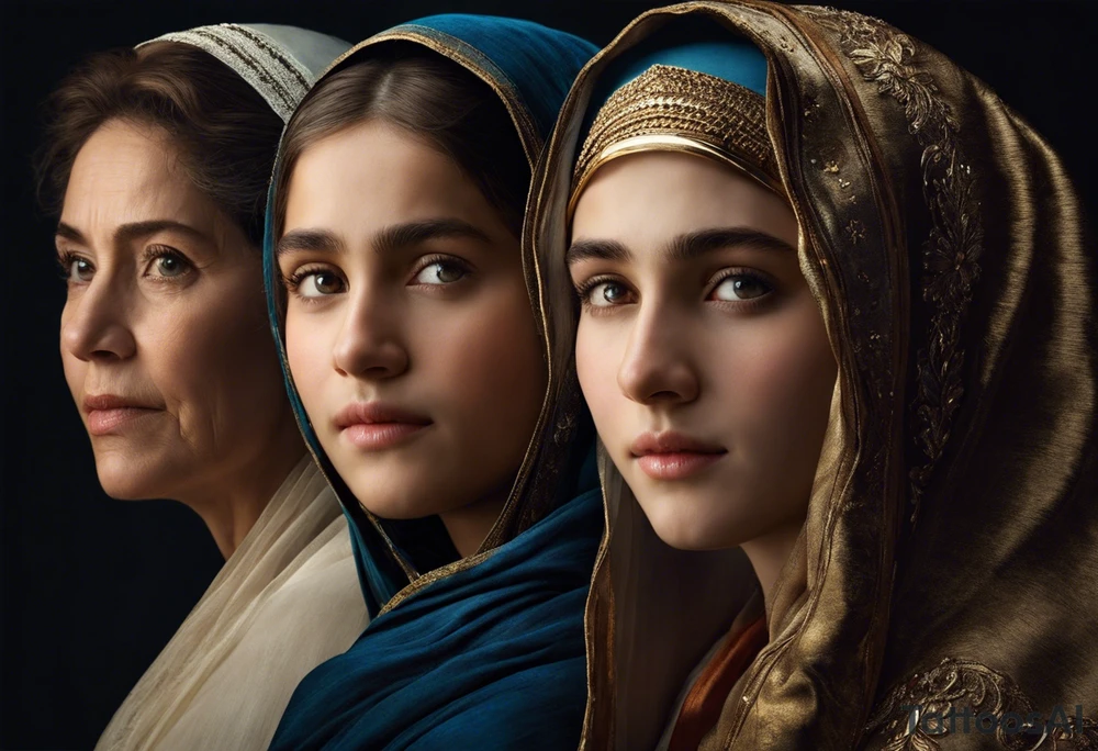 Three women's faces next to each other. The woman on the left is still a girl about 13 years old, the woman in the middle is about 40 years old and the one on the right is about 75 years old. The woman in the middle is looking at the bearer. The other two are looking at the woman in the middle. The tattoo is shaded on the chest of a man in black and white tattoo idea