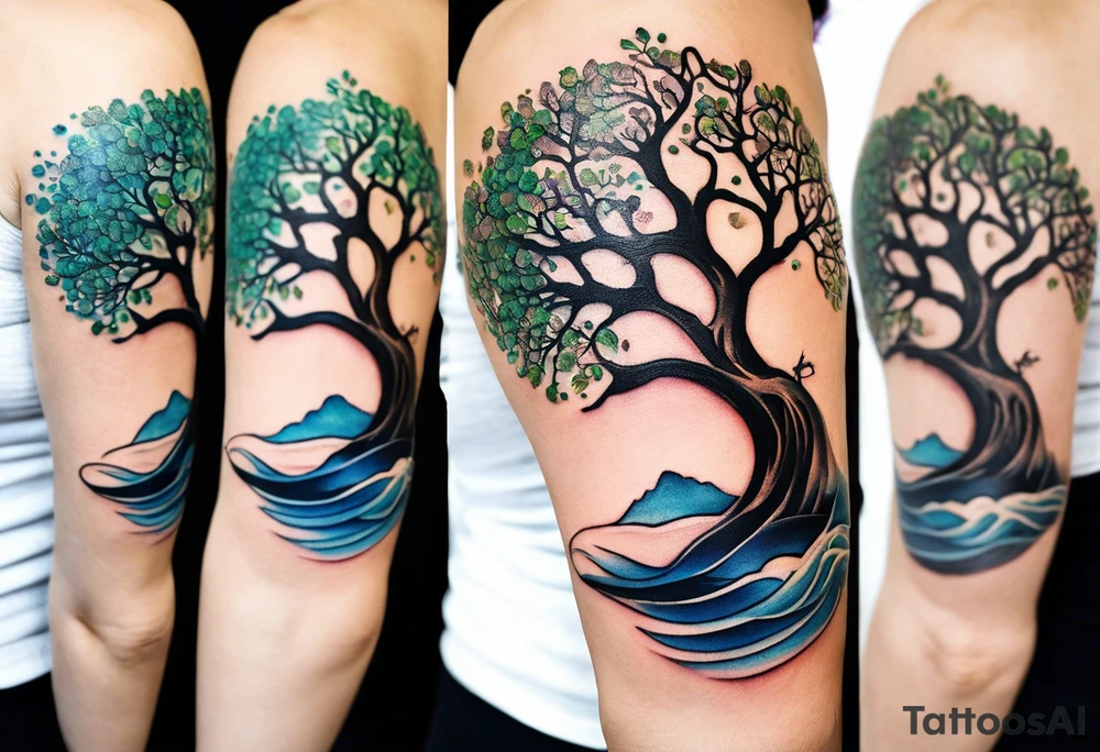 A tattoo of an abstract Tree of Life tattoo to be placed directly on the bicep of a woman. It can wrap around the arm a little. It should have roots growing out of the bottom. The roots slowly turn into water from the Great Wave by Hokusai. A golf flag should be placed discreetly growing out of the ground. 2 license plate tags should be hanging from the tree. Place a few music notes in the areas the leaves should be. The letters A U should be engraving into the tree trunk in a heart. Not inside a circle. The overall shape of the tattoo should be organic. Black and white only. tattoo idea