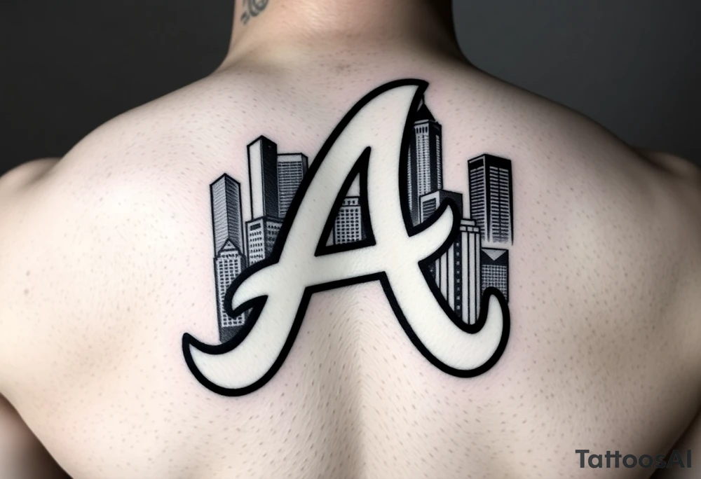 Atlanta Braves letter logo “A” overlapping the Atlanta skyline in the back going upward. The buildings are concise and jam packed parallel to the logo. tattoo idea