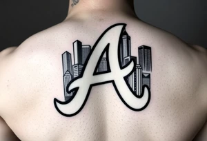 Atlanta Braves letter logo “A” overlapping the Atlanta skyline in the back going upward. The buildings are concise and jam packed parallel to the logo. tattoo idea