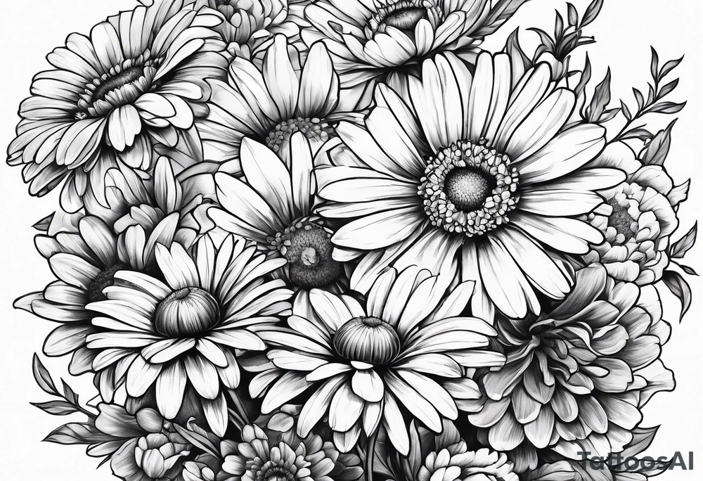bouquet of daisy, aster, and carnations tattoo idea