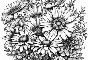 bouquet of daisy, aster, and carnations tattoo idea