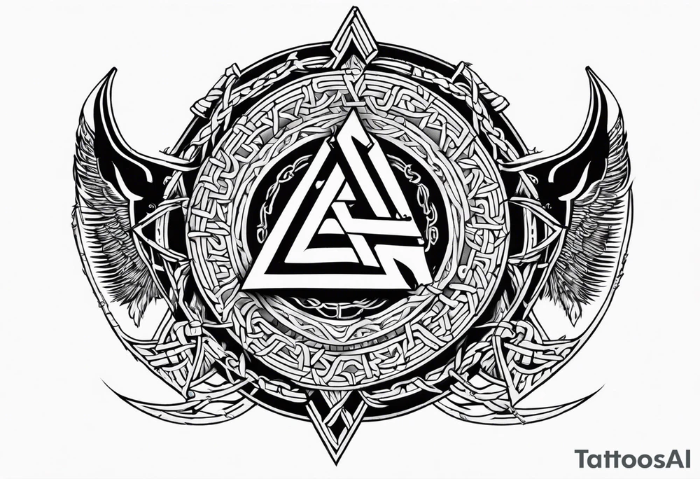 Valhalla berserker round shield axe
Valknut barbed wire chains tattoo idea